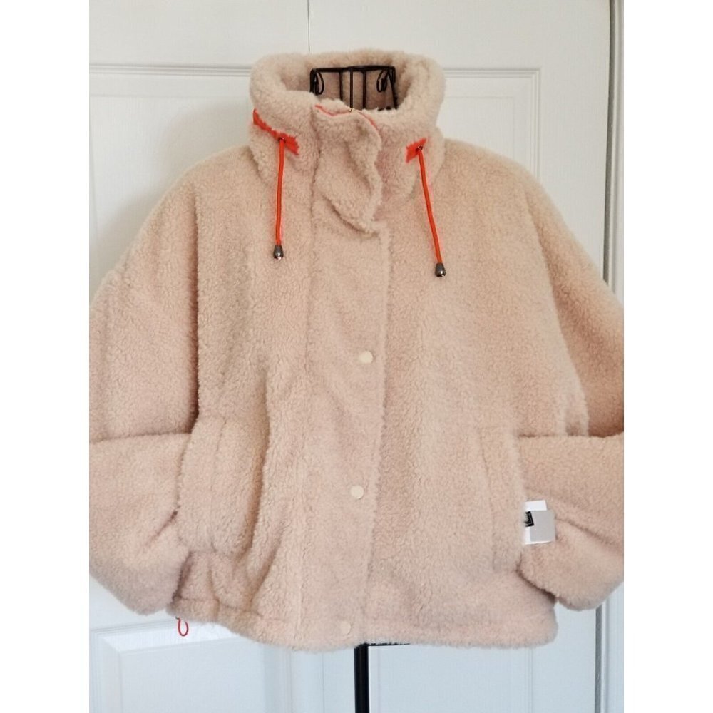 BP Faux Shearling Bomber Jacket Zip Front Wide Collar Beige Burnt Womens Size L
